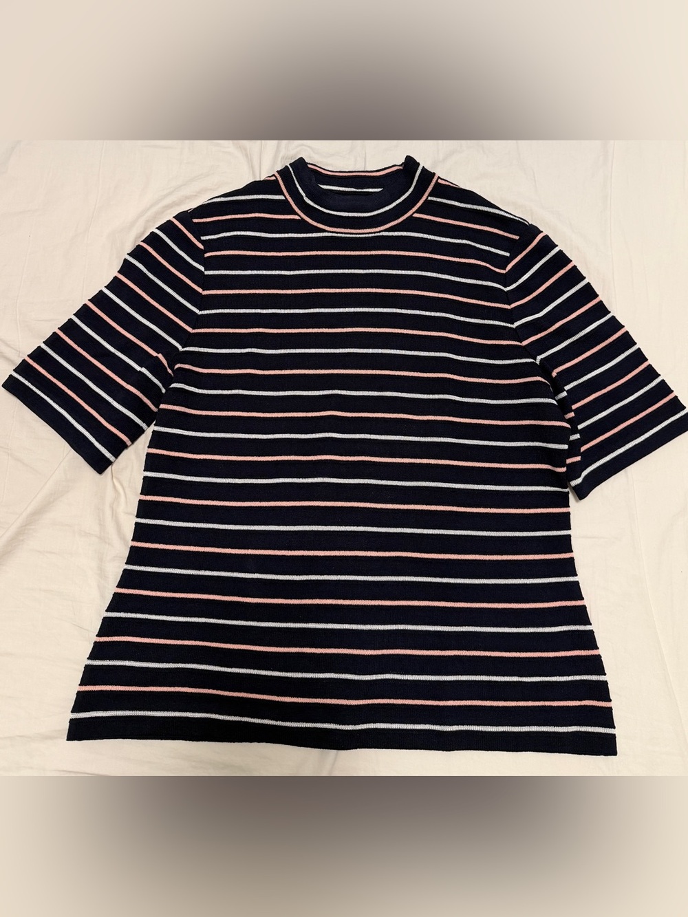 St. John Santana Knit Mock Neck Short Sleeves Navy Pink White Stripes Blouse L